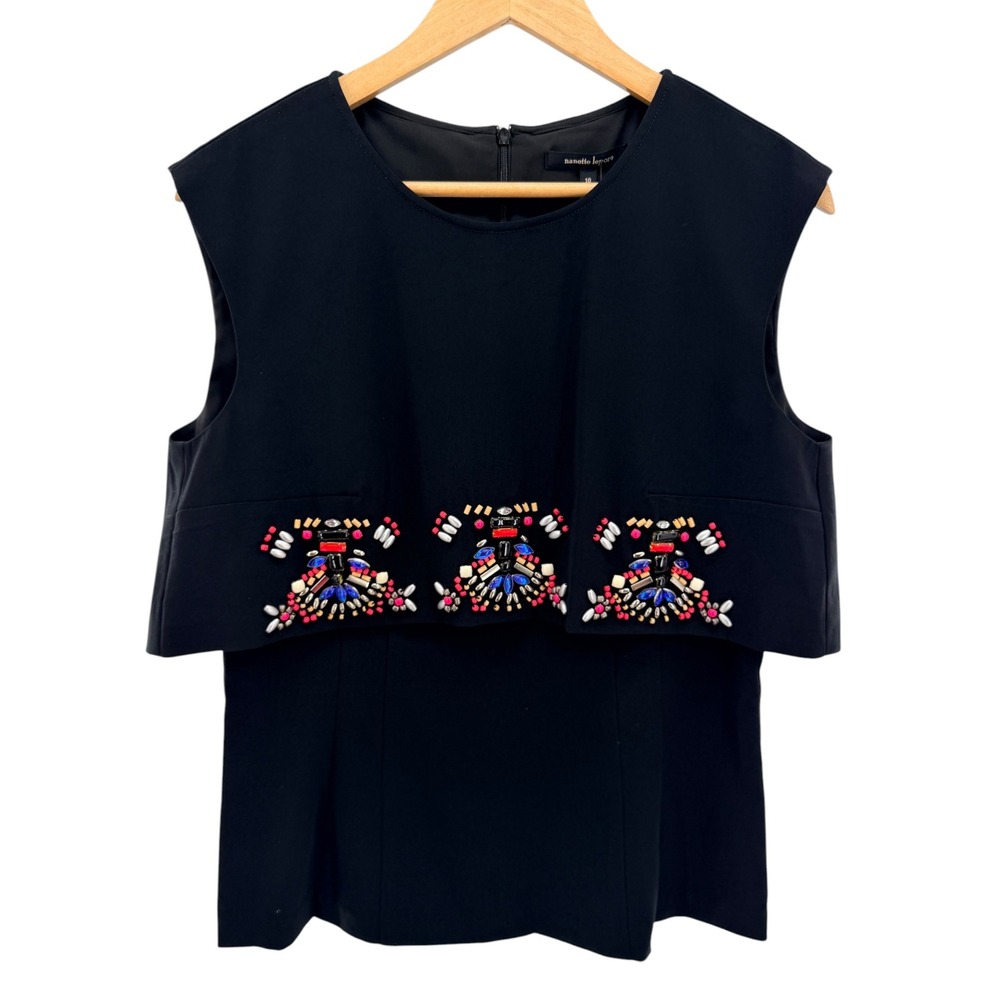 Nanette Lepore Sunrise Top Black Beaded Jeweled Popover Blouse Layered 10 NEW